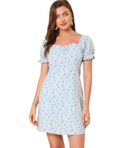 Women's Floral Puff Sleeve Sweetheart Neckline Ruched Front Ruffled Dresses Blue $18.54 Dresses