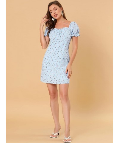 Women's Floral Puff Sleeve Sweetheart Neckline Ruched Front Ruffled Dresses Blue $18.54 Dresses