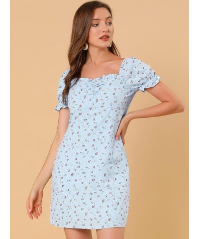 Women's Floral Puff Sleeve Sweetheart Neckline Ruched Front Ruffled Dresses Blue $18.54 Dresses