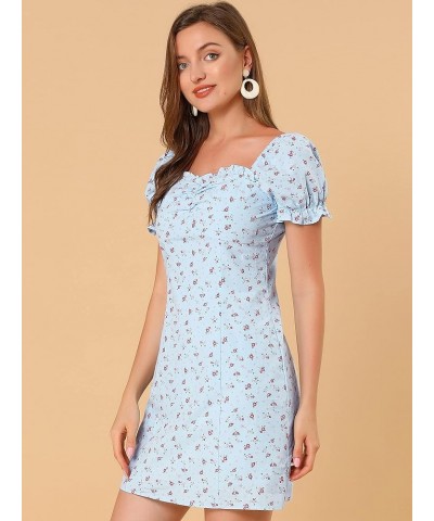 Women's Floral Puff Sleeve Sweetheart Neckline Ruched Front Ruffled Dresses Blue $18.54 Dresses