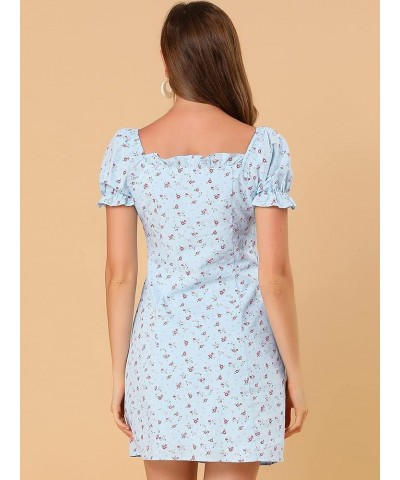 Women's Floral Puff Sleeve Sweetheart Neckline Ruched Front Ruffled Dresses Blue $18.54 Dresses