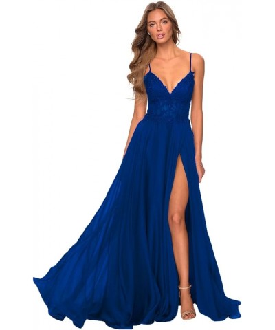 Women's V-Neck Prom Dress Slit Long Lace Appliques Formal Evening Party Gowns Chiffon PR003 Royal Blue $42.39 Dresses