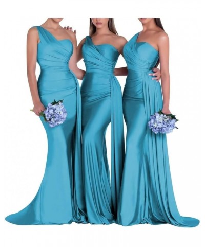 One Shoulder Satin Bridesmaid Dresses Long Mermaid Prom Dresses Ruched Formal Evening Gowns HY054 Aqua $32.99 Dresses