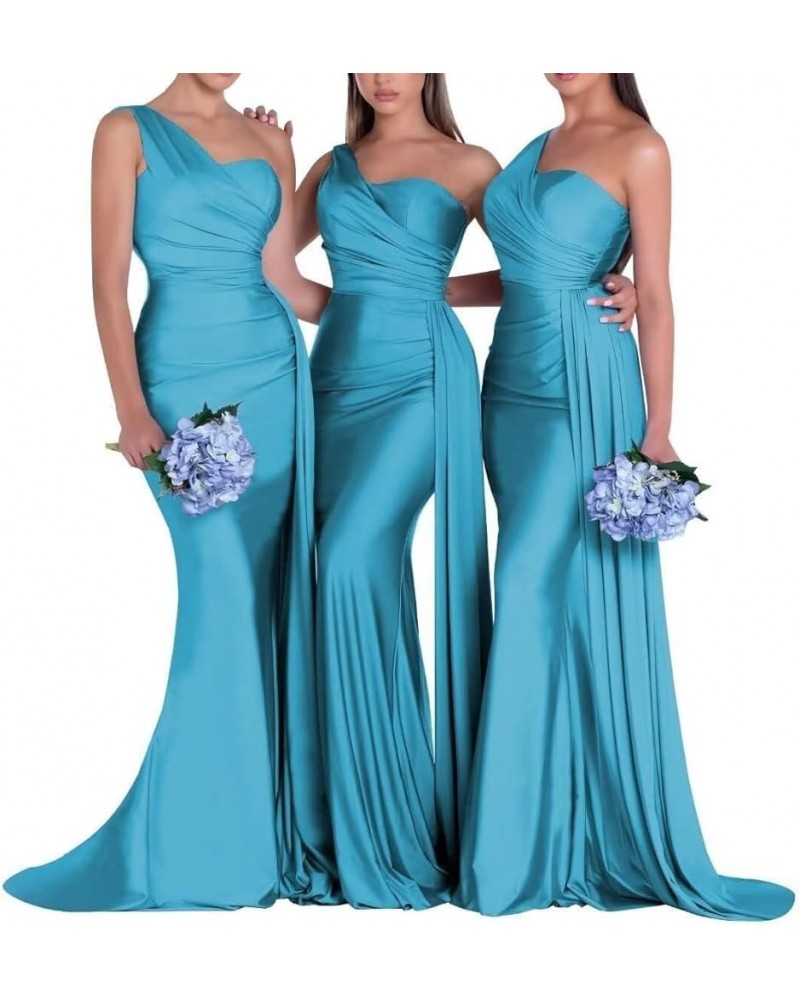 One Shoulder Satin Bridesmaid Dresses Long Mermaid Prom Dresses Ruched Formal Evening Gowns HY054 Aqua $32.99 Dresses