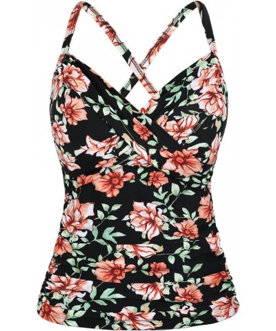 Women's Underwire Tankini Top Cross Front V Neck Push Up Swim Top Ruched Tummy Control Bathing Suit Tops Black Floral $22.79 ...