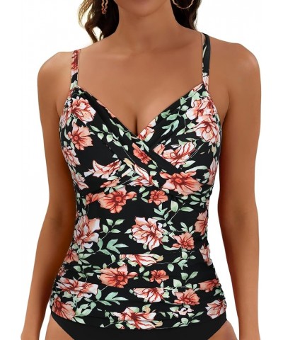 Women's Underwire Tankini Top Cross Front V Neck Push Up Swim Top Ruched Tummy Control Bathing Suit Tops Black Floral $22.79 ...