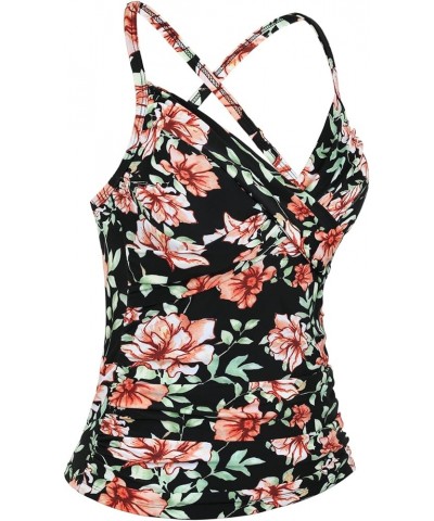 Women's Underwire Tankini Top Cross Front V Neck Push Up Swim Top Ruched Tummy Control Bathing Suit Tops Black Floral $22.79 ...