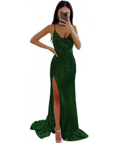 Mermaid Sequin Prom Dresses 2024 Long Slit Cowl Neck Evening Formal Dress with Slit Emerald Green $35.74 Dresses