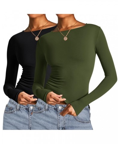 Long Sleeve Crop Tops for Women 2 Pack Fall Going Out Outfits Cute Tight Basic Tees Shirt One Black and One Army Green $9.50 ...