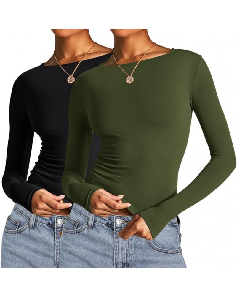 Long Sleeve Crop Tops for Women 2 Pack Fall Going Out Outfits Cute Tight Basic Tees Shirt One Black and One Army Green $9.50 ...