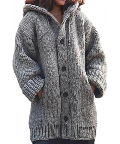 Women's Solid Knitted Button Down Long Sleeve Hooded Cardigan Sweater Casual Loose Drawstring Warm Coat With Pockets Colorgre...