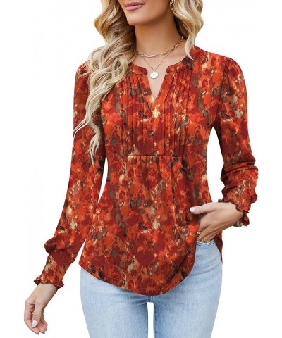 Women's Summer Puff Short/Long Sleeve Tops V Neck Pleated Shirts Floral Tunic Blouses Dressy Casual S-XXL Z-long Sleeve-red P...