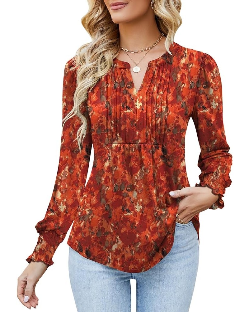 Women's Summer Puff Short/Long Sleeve Tops V Neck Pleated Shirts Floral Tunic Blouses Dressy Casual S-XXL Z-long Sleeve-red P...