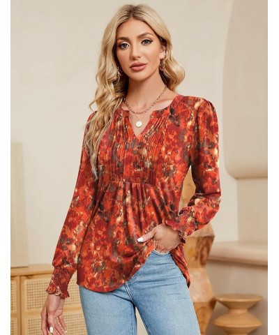 Women's Summer Puff Short/Long Sleeve Tops V Neck Pleated Shirts Floral Tunic Blouses Dressy Casual S-XXL Z-long Sleeve-red P...