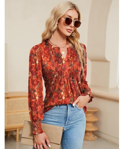 Women's Summer Puff Short/Long Sleeve Tops V Neck Pleated Shirts Floral Tunic Blouses Dressy Casual S-XXL Z-long Sleeve-red P...