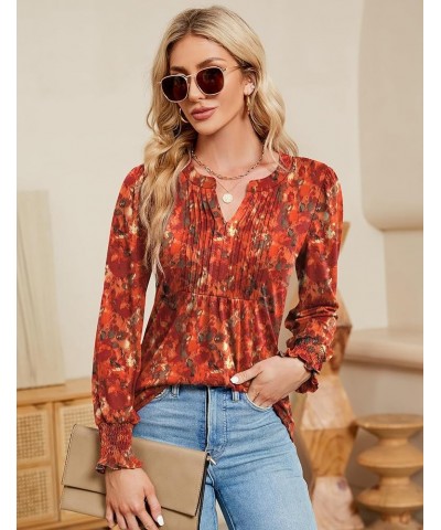 Women's Summer Puff Short/Long Sleeve Tops V Neck Pleated Shirts Floral Tunic Blouses Dressy Casual S-XXL Z-long Sleeve-red P...