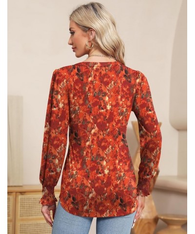 Women's Summer Puff Short/Long Sleeve Tops V Neck Pleated Shirts Floral Tunic Blouses Dressy Casual S-XXL Z-long Sleeve-red P...