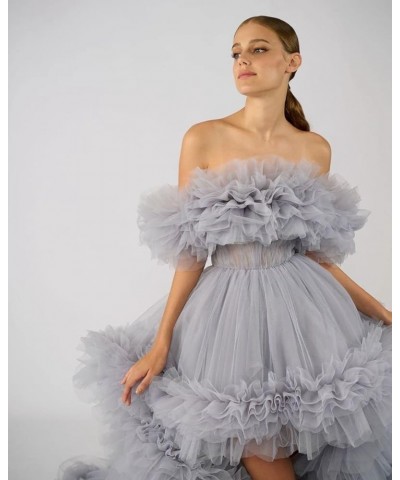 High Low Tulle Prom Dress Off Shoulder Ruffles Long Princess Evening Ball Dress for Photoshoot CA72 Silver $38.53 Dresses