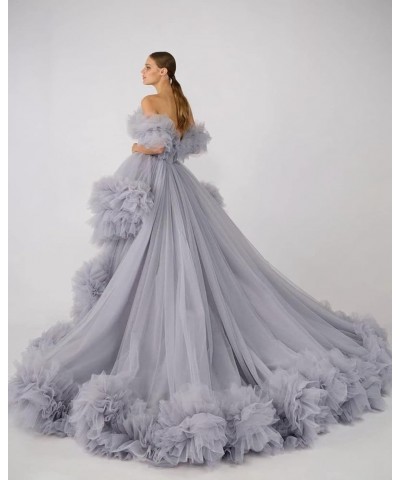 High Low Tulle Prom Dress Off Shoulder Ruffles Long Princess Evening Ball Dress for Photoshoot CA72 Silver $38.53 Dresses