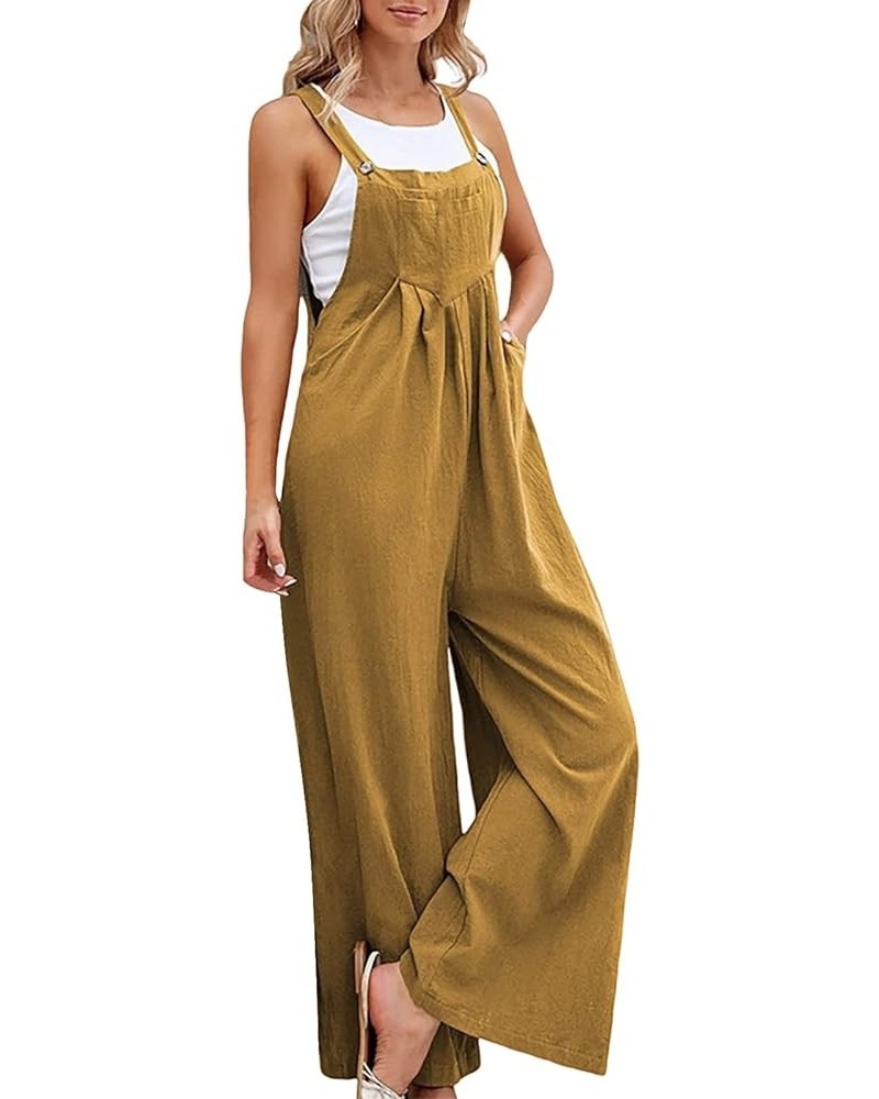 Women's Wide Leg Jumpsuits Cotton Baggy Casual Loose Overalls Solid Color Fashion Summer Comfy Rompers with Pockets A3-yellow...