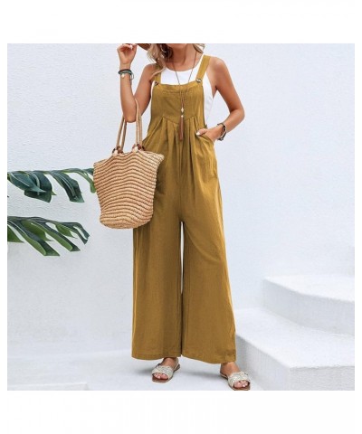 Women's Wide Leg Jumpsuits Cotton Baggy Casual Loose Overalls Solid Color Fashion Summer Comfy Rompers with Pockets A3-yellow...