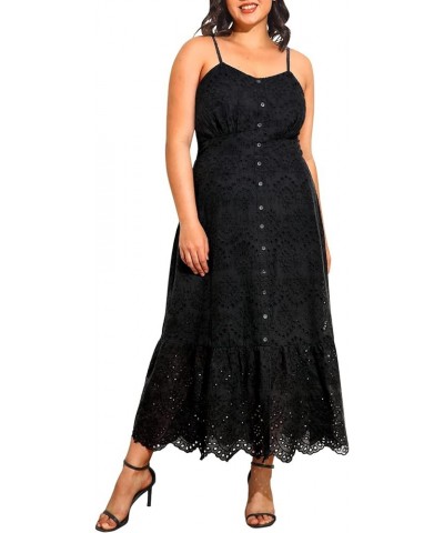 Women Plus Size Embroidery Eyelet Button Down Long Spaghetti Strap Summer Beach Maxi Dress Pockets Black $30.15 Dresses