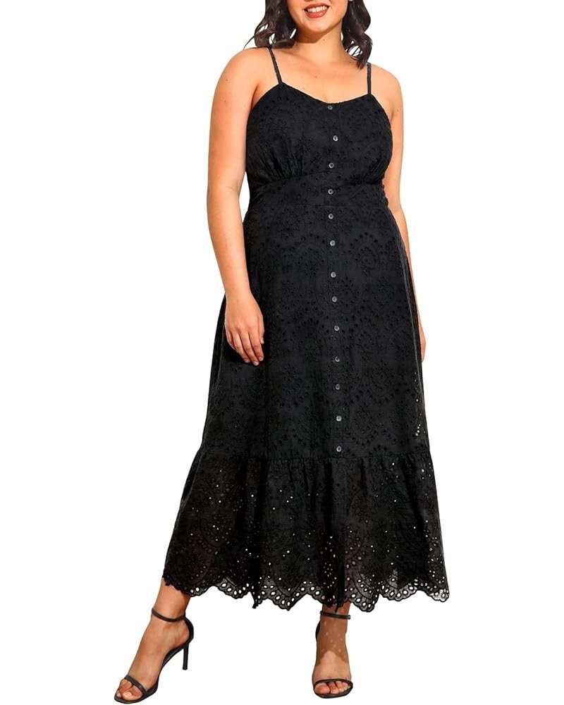 Women Plus Size Embroidery Eyelet Button Down Long Spaghetti Strap Summer Beach Maxi Dress Pockets Black $30.15 Dresses