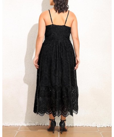 Women Plus Size Embroidery Eyelet Button Down Long Spaghetti Strap Summer Beach Maxi Dress Pockets Black $30.15 Dresses