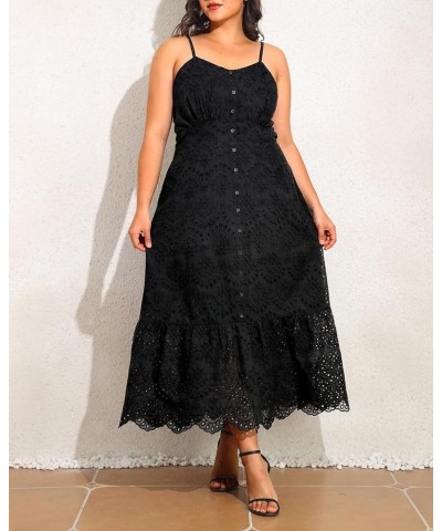 Women Plus Size Embroidery Eyelet Button Down Long Spaghetti Strap Summer Beach Maxi Dress Pockets Black $30.15 Dresses