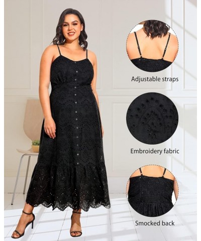 Women Plus Size Embroidery Eyelet Button Down Long Spaghetti Strap Summer Beach Maxi Dress Pockets Black $30.15 Dresses