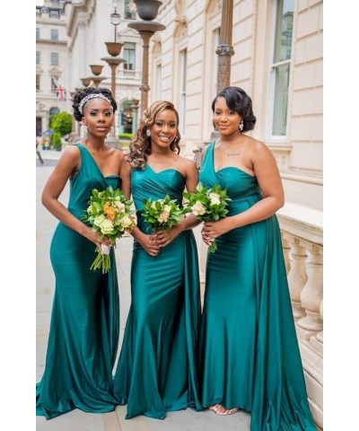 One Shoulder Satin Bridesmaid Dresses Long Mermaid Prom Dresses Ruched Formal Evening Gowns HY054 Aqua $32.99 Dresses