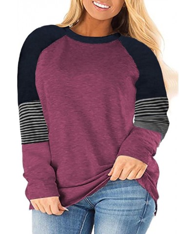 Plus-Size Tops for Women Raglan Short/Long Sleeve Color Block Striped T-Shirts 01-wine Red $10.61 T-Shirts