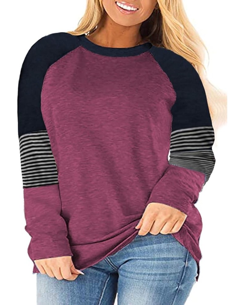 Plus-Size Tops for Women Raglan Short/Long Sleeve Color Block Striped T-Shirts 01-wine Red $10.61 T-Shirts