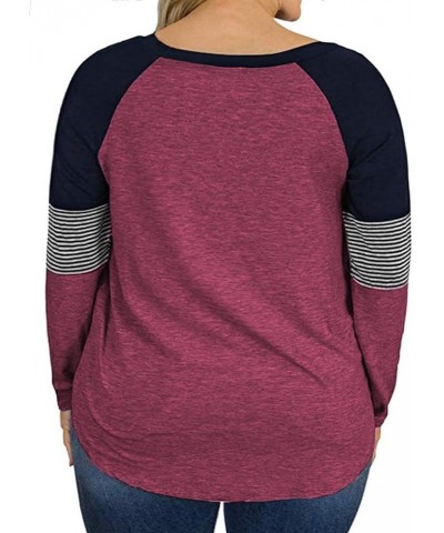 Plus-Size Tops for Women Raglan Short/Long Sleeve Color Block Striped T-Shirts 01-wine Red $10.61 T-Shirts