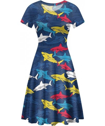 Women's Tropical Print Dress Boho Ethnic Cocktail Party Skater Dress Summer Casual Vintage Swing Dress S-2XL Cartoon Shark $1...