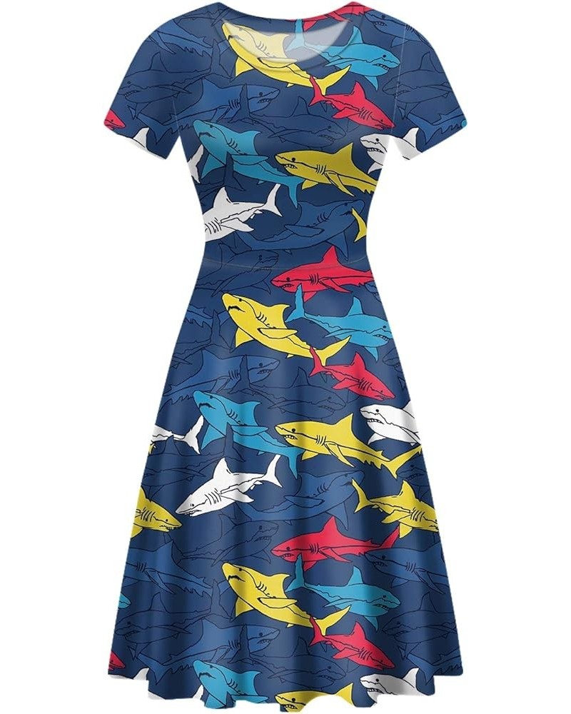 Women's Tropical Print Dress Boho Ethnic Cocktail Party Skater Dress Summer Casual Vintage Swing Dress S-2XL Cartoon Shark $1...