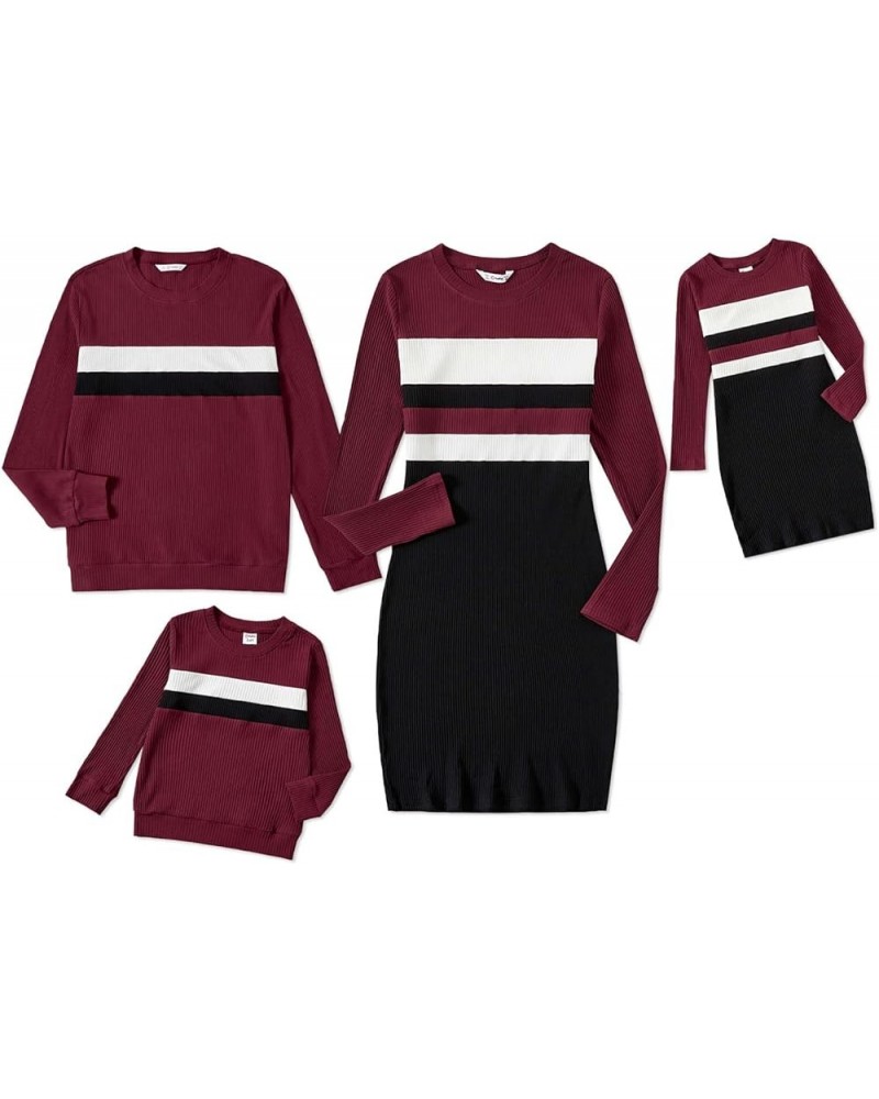 Family Matching Outfits Cotton Rib Knit Colorblock Long Sleeve Bodycon Dresses and Sweatshirts Tops Sets Boys Burgundy $11.04...