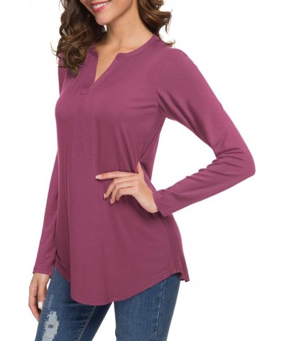 Women Casual Split V Neckline Loose Tunic Blouses Long Sleeve Tops B05 Rust Red $9.22 Tops