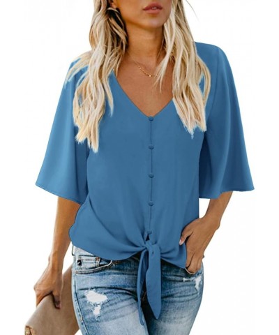 Women's Casual V Neck Batwing Sleeve Tops Tie Front Chiffon Blouses Button Down Shirts 24 Blue $15.36 Blouses