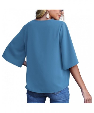 Women's Casual V Neck Batwing Sleeve Tops Tie Front Chiffon Blouses Button Down Shirts 24 Blue $15.36 Blouses