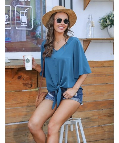 Women's Casual V Neck Batwing Sleeve Tops Tie Front Chiffon Blouses Button Down Shirts 24 Blue $15.36 Blouses