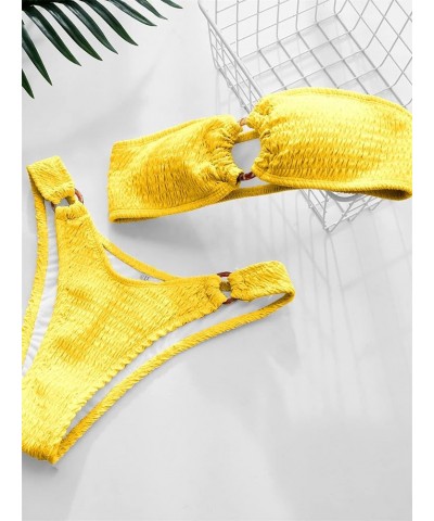 Women's 2 Piece Strapless Smocked Ring Bandeau Bikini Set Swimsuit Bathing Suits Yellow Solid $14.00 Swimsuits