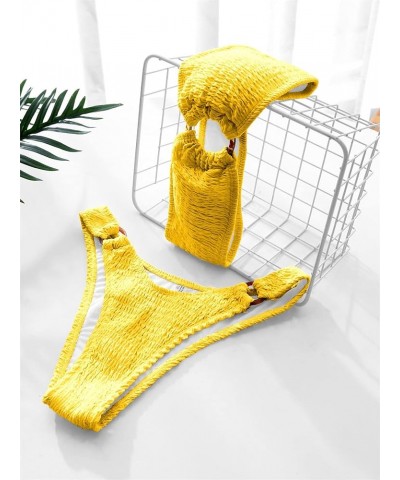 Women's 2 Piece Strapless Smocked Ring Bandeau Bikini Set Swimsuit Bathing Suits Yellow Solid $14.00 Swimsuits