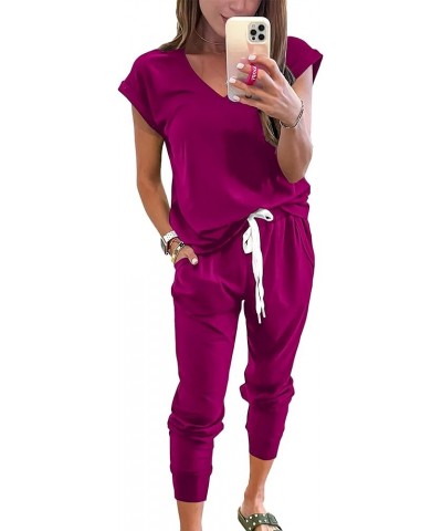 Women's Two Piece Tracksuit V Neck Short Sleeve Tops Long Pants With Drawstring Outfits Jogger Sets Purple $25.36 Activewear