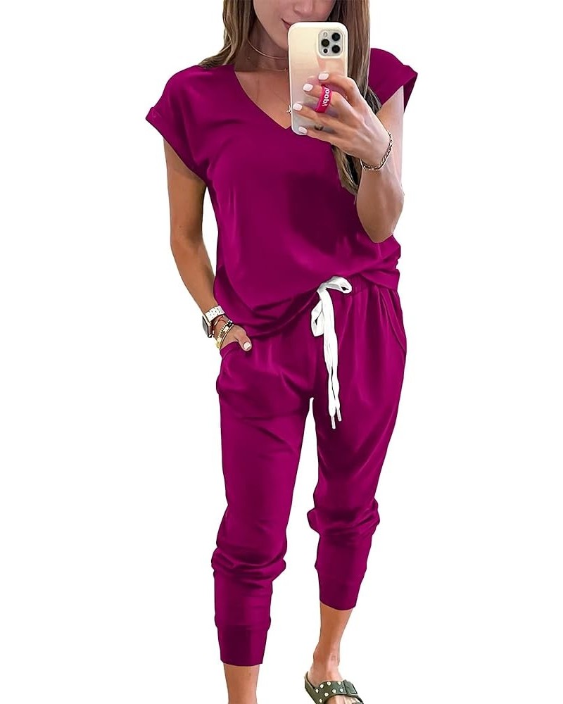 Women's Two Piece Tracksuit V Neck Short Sleeve Tops Long Pants With Drawstring Outfits Jogger Sets Purple $25.36 Activewear