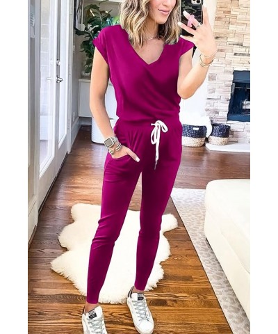 Women's Two Piece Tracksuit V Neck Short Sleeve Tops Long Pants With Drawstring Outfits Jogger Sets Purple $25.36 Activewear