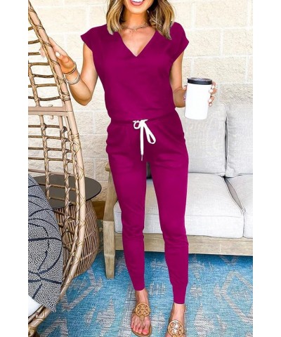 Women's Two Piece Tracksuit V Neck Short Sleeve Tops Long Pants With Drawstring Outfits Jogger Sets Purple $25.36 Activewear