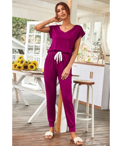 Women's Two Piece Tracksuit V Neck Short Sleeve Tops Long Pants With Drawstring Outfits Jogger Sets Purple $25.36 Activewear