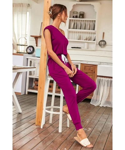 Women's Two Piece Tracksuit V Neck Short Sleeve Tops Long Pants With Drawstring Outfits Jogger Sets Purple $25.36 Activewear