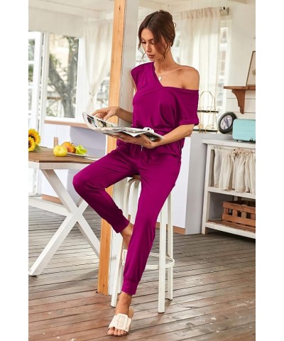 Women's Two Piece Tracksuit V Neck Short Sleeve Tops Long Pants With Drawstring Outfits Jogger Sets Purple $25.36 Activewear